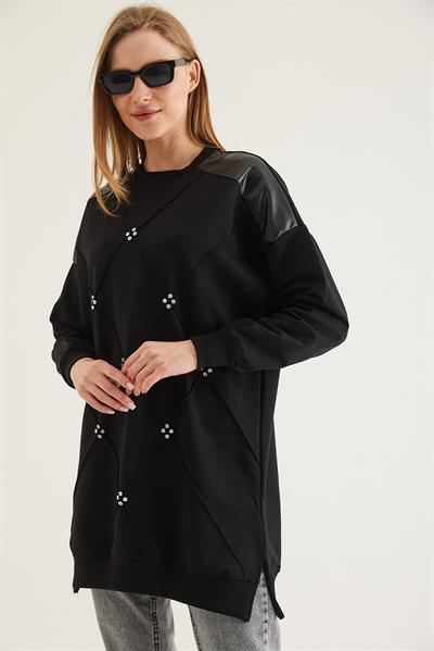 Deri Garnilli Taşlı İki İp Tunik Siyah
