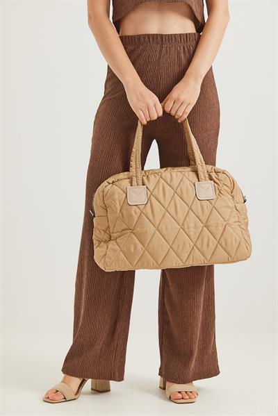 Kapitone Kumaş Cüzdanlı  El Ve Omuz Çantası Vizon