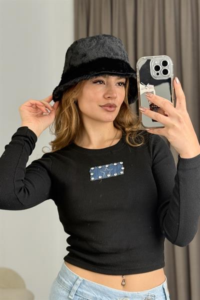 Kadın Uzun Kollu Kaşkorse  Kot Üzerine Yıldız Nakışlı Crop Bluz Siyah