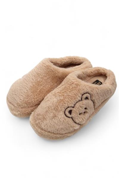 Peluş Ayıcıklı Önü Kapalı Ev Terliği Vizon