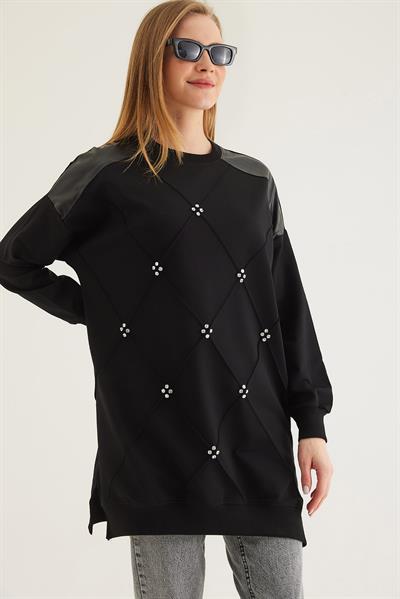 Deri Garnilli Taşlı İki İp Tunik Siyah