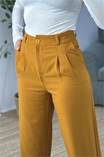 Yüksek Bel Bol Paça Pantalon Hardal1