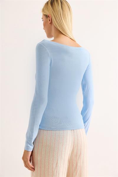 Geniş Yaka Rahat Uzun Kollu Bluz Mavi