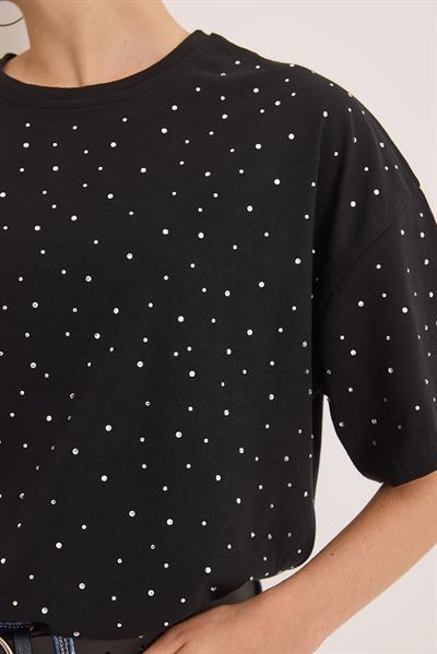 Taş Detaylı Rahat Kalıp Premium Pamuk Tshirt	Siyah