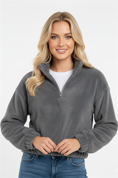 Kadın Yarım Fermuarlı Altı Büzgülü Füme Sweatshirt