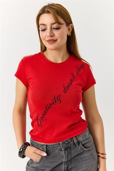 Kadın Yazı Baskılı Bisiklet Yaka Basic Tshirt Kırmızı