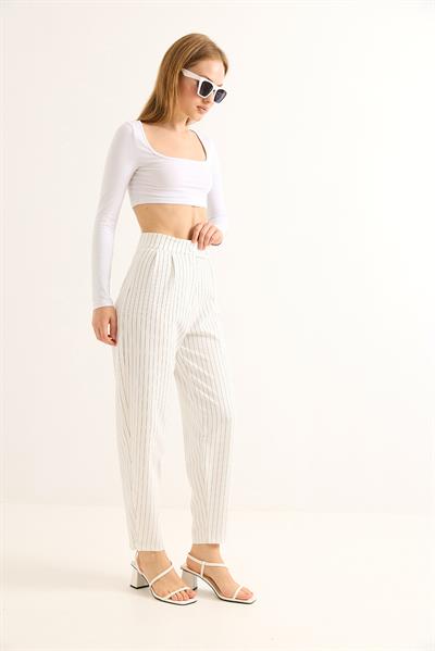 Kemeri Çift Düğmeli Çizgili Palazzo Pantolon Beyaz