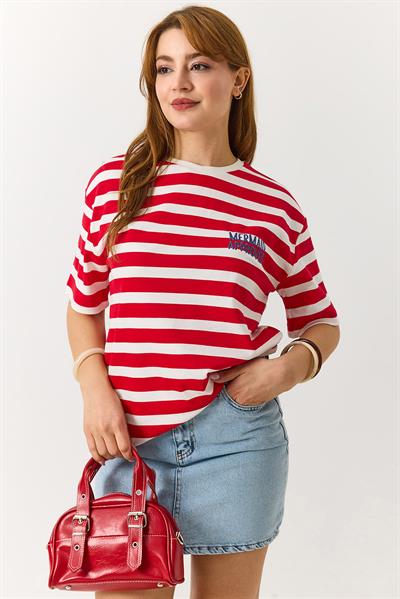 Kadın Çizgili Bisikilet Yaka Yazı İşlemeli Tshirt Kırmızı