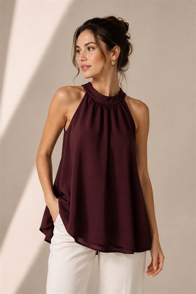 Kadın Halter Yaka Oversize Bluz Mürdüm