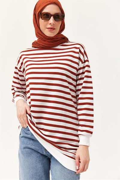 Çizgili Oversize Tunik Kahverengi