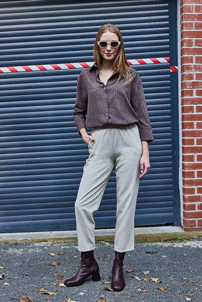 Kadın Beli Lastikli Gabardin Bej Pantolon