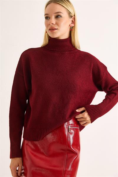 Kadın Oversize Boğazlı Kazak Bordo