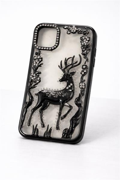 İphone 11 Uyumlu Geyik ve Çiçek Kabartmalı Kılıf Siyah