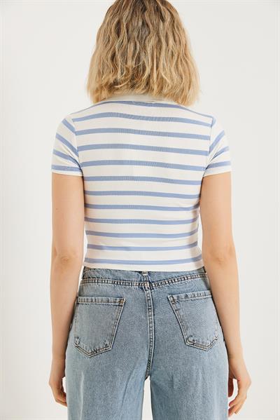 Polo Yaka Çizgili Crop Bluz Mavi