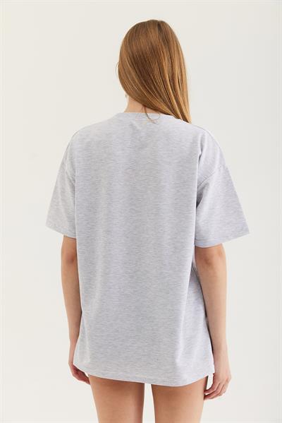 Kurdele Baskı Detaylı Basic Tshirt Gri