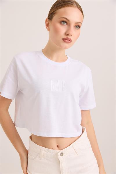Nakışlı Örme Pamuk Crop Tshirt Beyaz