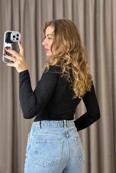 Kadın Siyah Balıkçı Yaka Transparan Kaşmir Bluz 