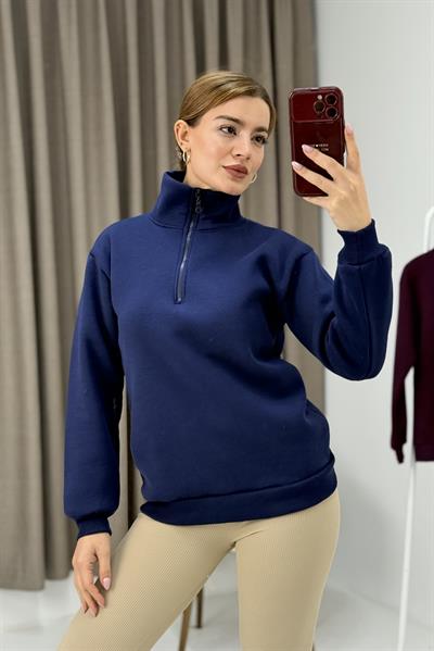 Kadın Lacivert Yarım Fermuarlı Üç İplik Sweat 