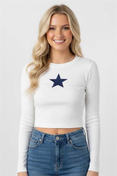 Kadın Uzun Kollu Kaşkorse Yıldız Nakışlı Crop Bluz Beyaz