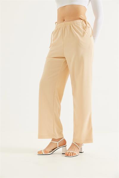 Yanları İp Detaylı Bol Paça Pantolon Bej