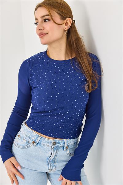 Kadın Ottoman Bisiklet Yaka Taşlı Bluz Lacivert