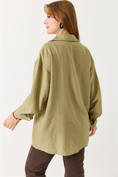 Kadın Oversize Müslin Kumaş Basic Gömlek Açık Haki