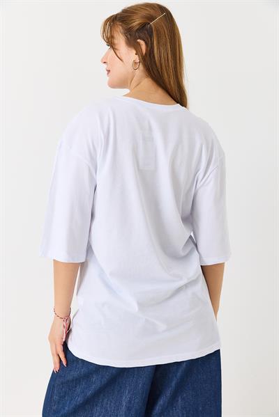 Kadın Yazı Baskılı Bisiklet Yaka Tshirt Beyaz