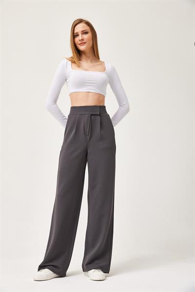 Beli Cırtlı Rahat Palazzo Pantolon Füme