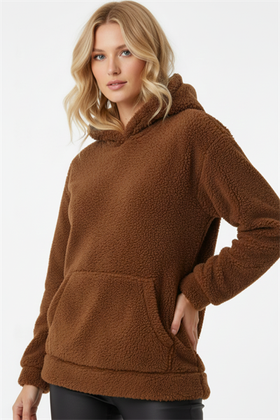 Kadın Kapüşonlu Welsoft Uzun Kollu Kahverengi Sweatshirt