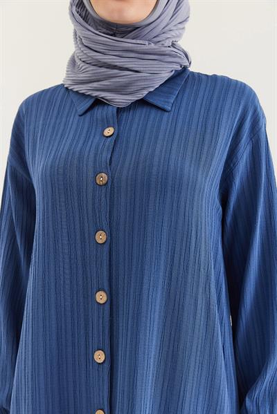 Keten Düğmeli Uzun Tesettür Tunik Mavi