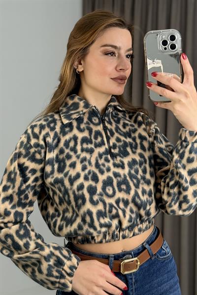 Leopar Desen Yarım Fermuarlı Polar Sweatshirt