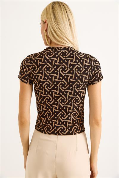 Geometrik Desen Kısa Kollu Bluz Kahverengi