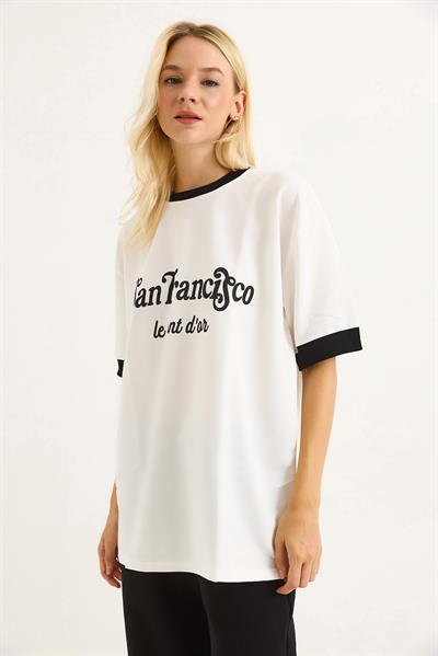 Kolları Garnili Baskılı  Oversize Kadın Tshirt Beyaz