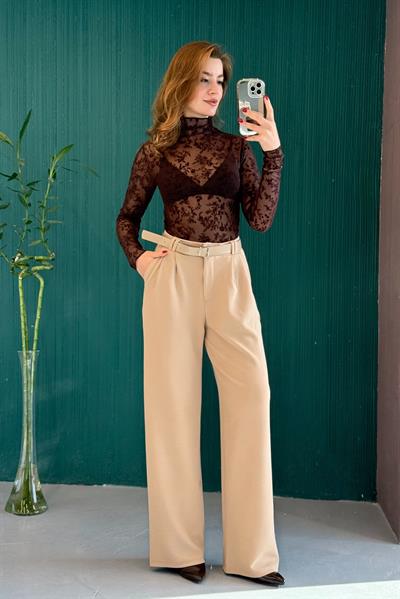 Likralı Krep Örme Kumaş Kemerli Salaş Pantolon Bej