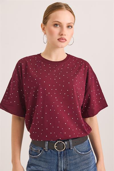 Taş Detaylı Rahat Kalıp Premium Pamuk Tshirt	Bordo