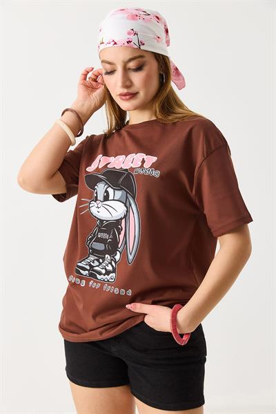 Kadın Baskılı Bisiklet Yaka Kısa Kol Tshirt Kahverengi