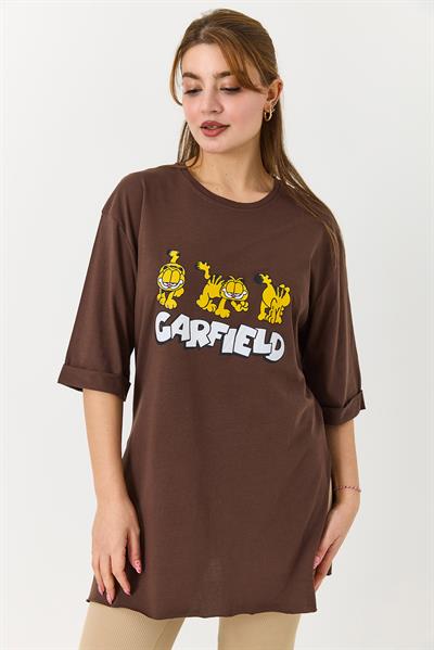 Kadın Garfield Baskılı Yanları Yırtmaçlı Bisiklet Yaka Tshirt Kahverengi