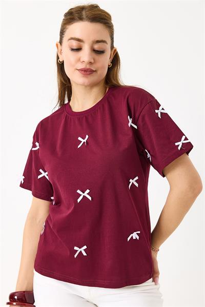 Fiyonk Detaylı Fit Pamuk Tshirt Bordo