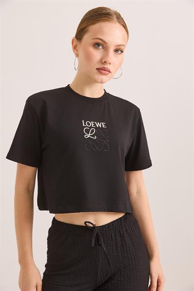 Nakışlı Örme Pamuk Crop Tshirt Siyah