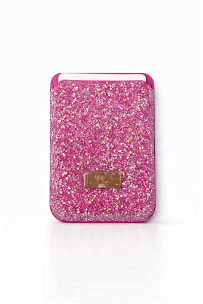 İphone 15 Pro Uyumlu Parlak ve Taşlı Kart Bölümlü Kılıf Pembe