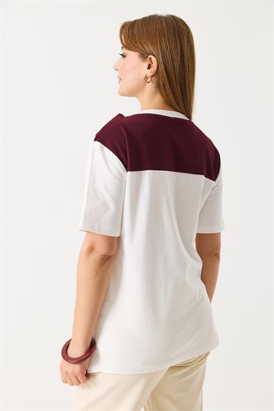 İki Renkli Bordo  Kaşkorse Şal Bağlamalı Tshirt Beyaz