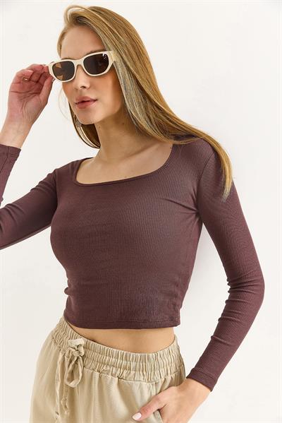 Kadın Fitilli Kare Yaka Uzun Kollu Bluz