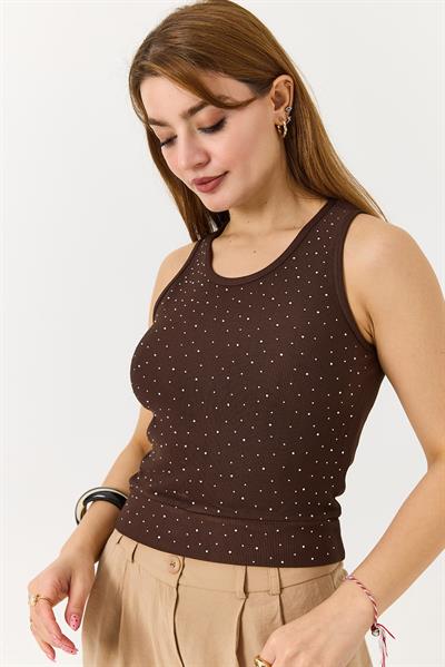 Kadın Taş Detaylı Kaşkorse Kalın Askılı Bluz Kahverengi