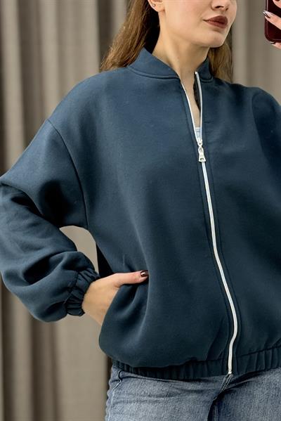 Üç İplik Şardonlu Antrasit Beli Lastikli Fermuarlı Hırka