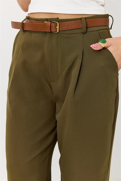 Kadın Kemerli Cepli Mom Kumaş Pantolon Haki