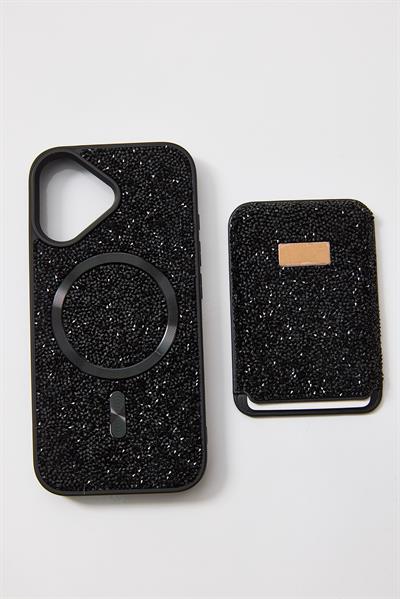 İphone 16 Plus Uyumlu  Parlak ve Taşlı Kart Bölümlü Kılıf Siyah
