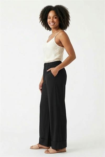 Kadın Beli Lastikli Rahat Kesim Geniş Paça Pantolon Siyah