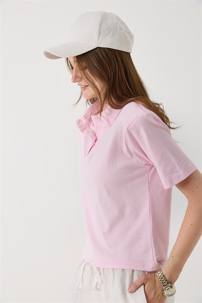 Kadın Vatkalı Polo Yaka Tshirt Pembe 