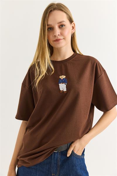 Ayıcık Nakışlı Rahat Kalıplı Tshirt Kahverengi
