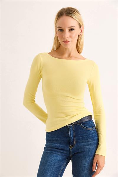 Geniş Yaka Rahat Uzun Kollu Bluz Sarı